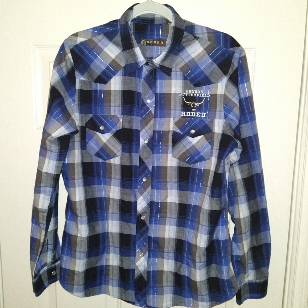 Roper Western Pearl Snap Long Sleeve Shirt Men's Large Benson Butterfield Rodeo - Picture 1 of 7